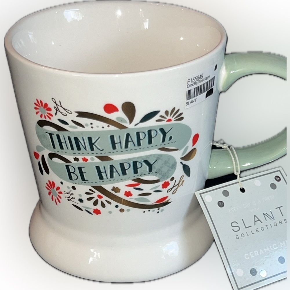 THINK HAPPY/BE HAPPY 16oz ceramic coffee mug w/gold leaf & flower artwork-NWT